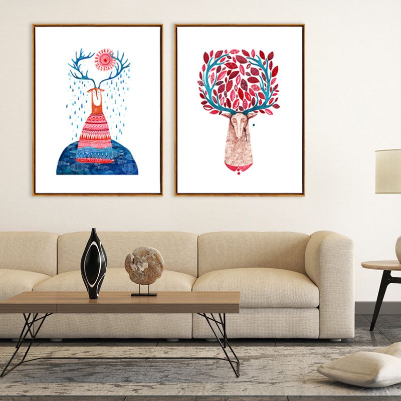 Pink Deers Wall Art Set Textured Nordic Style Sitting Room Canvas Print on White