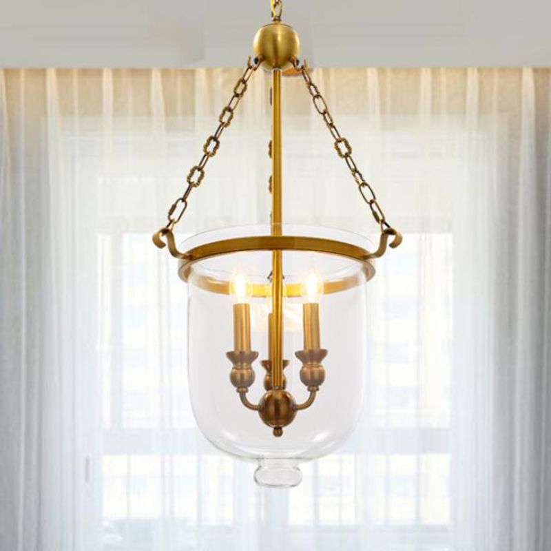 3 Bulbs Restaurant Hanging Pendant Modern Gold Down Lighting with Bell Clear Glass Shade, 14"/16" W