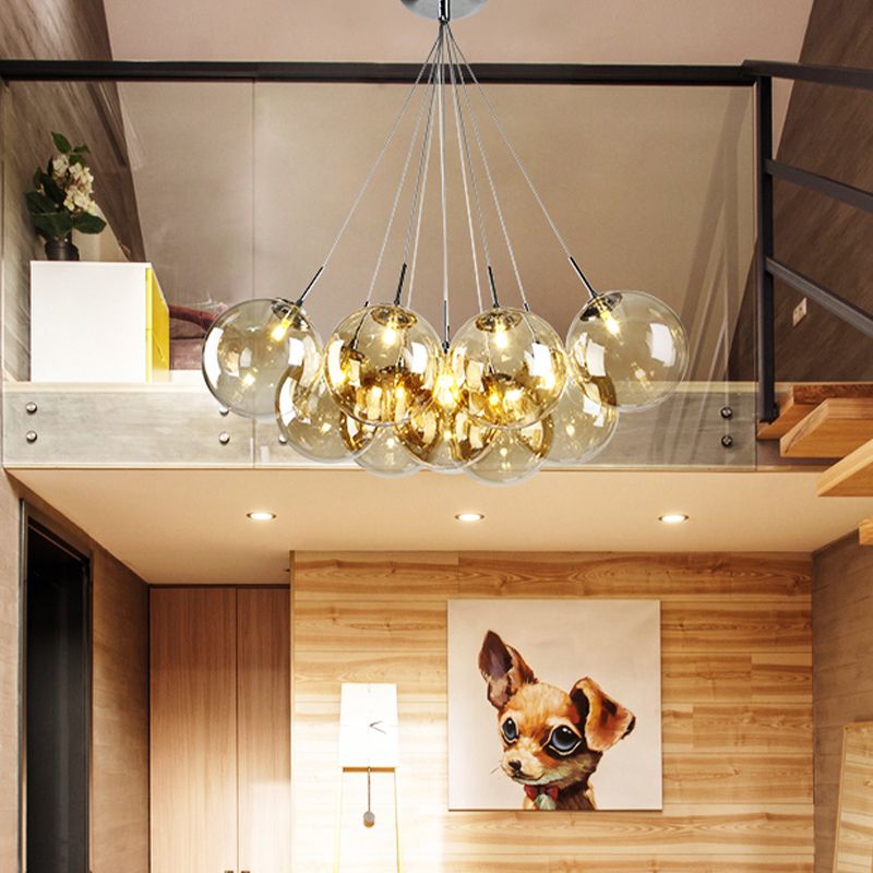 10 Lichter Wohnzimmer Multi -Licht -Anhänger moderne Chrom -LED -Deckenlampe mit Blasenbernglasschatten