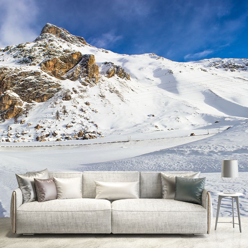 Modern Bypassed Rail Track Murals Blue-White Snow Mountain Scenery Wall Covering