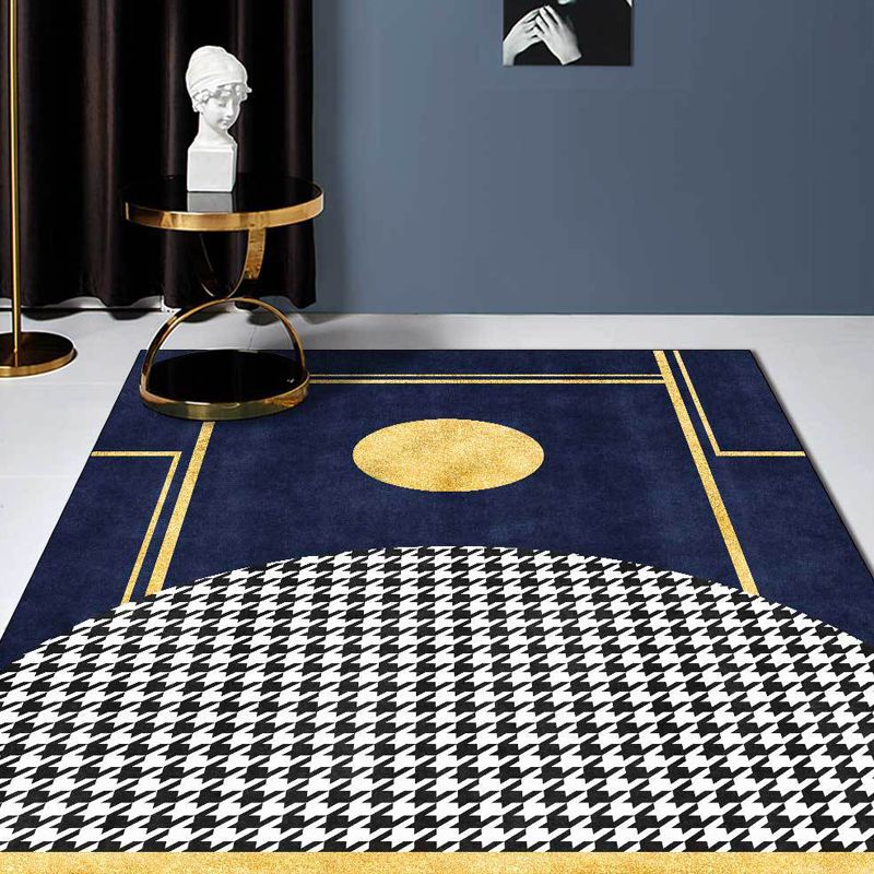 Blue Geometric Pattern Rug with Houndstooth Polyester Minimalist Rug Pet Friendly Washable Non-Slip Area Rug for Living Room