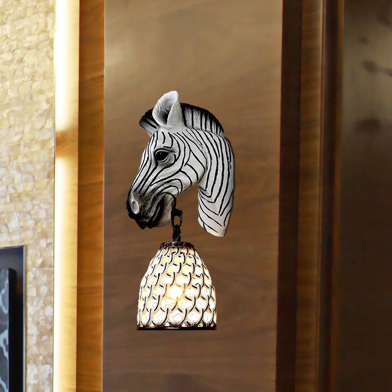 Tiffany Zebra Head Wall Mounted Fixture 1 Light Resin Sconce Light in White for Living Room