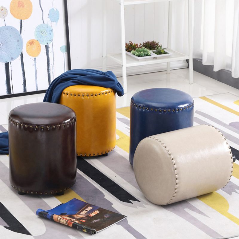 Round Contemporary Pouf Pure Color Nailhead Trim PU Leather Pouf Ottoman