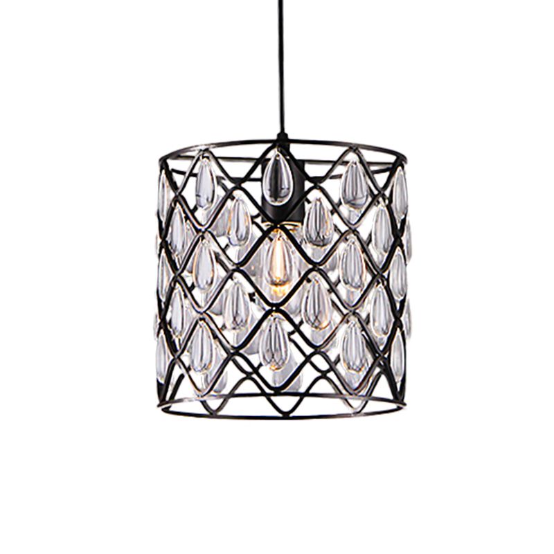 Iluminación colgante enjaulada de metal con caída de cristal deco industrial 1/4/6 luces lámpara lámpara de lámpara en negro