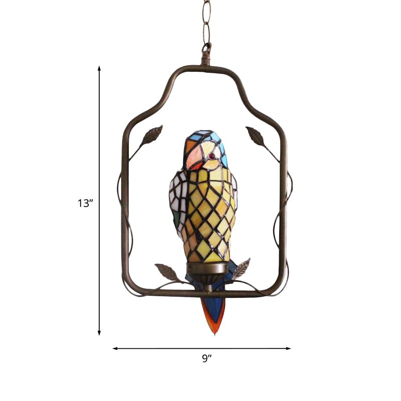Yellow 1 Head Sconce Light Tiffany Style Hand Cut Glass Parrot Shaped Wall Lighting Ideas with Perch Swing