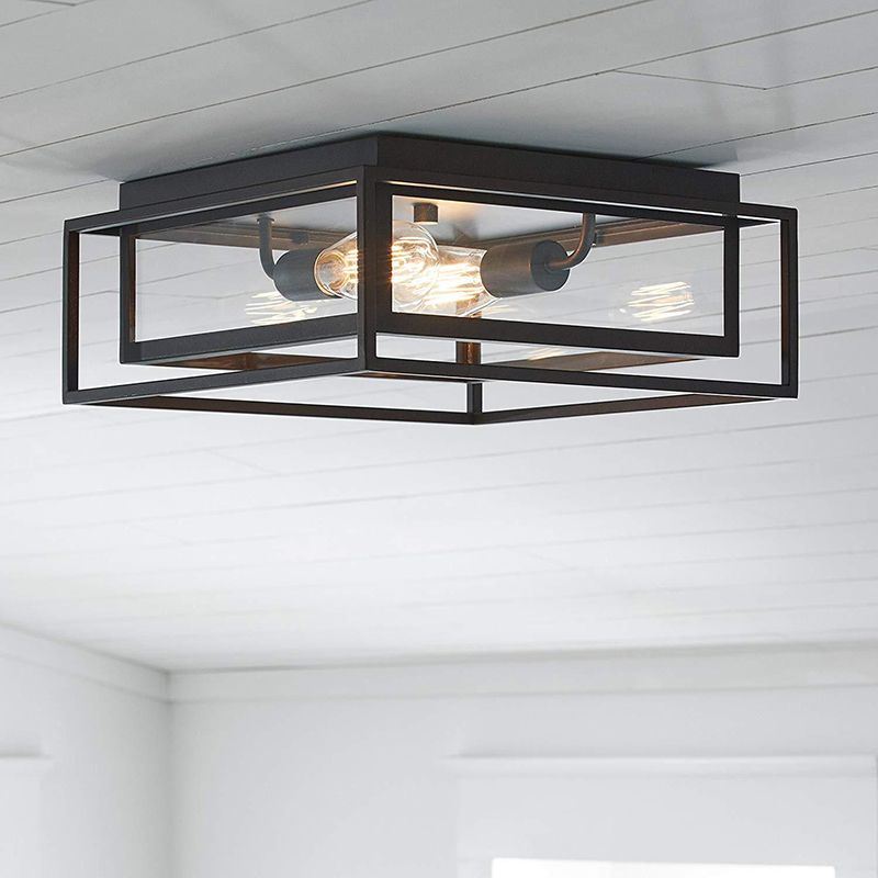 2 Lights Indoor Flush Ceiling Light Vintage Style Black Flush Mount Lamp with Squared Frame Clear Glass Shade