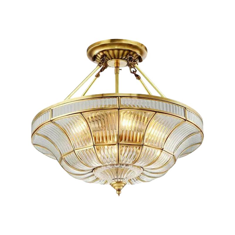16"/19.5" Wide 3/6 Lights Bedroom Semi-Flush Mount Traditional Brass Semi Flush Light with Faceted Clear Ribbed Glass Shade