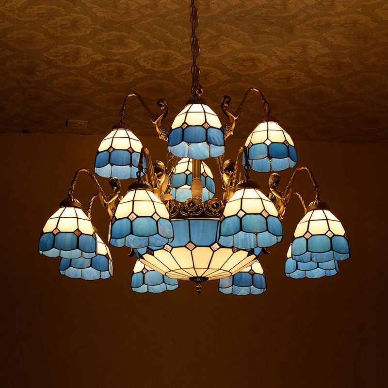 15 luci Lampada del soffitto soggiorno Lampada Tiffany Blue Lampadela con tonalità in vetro tagliato a cupola