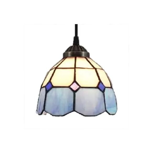 1 Bulb Ceiling Pendant Light Tiffany-Style Flower Handcrafted Stained Glass Suspension Lighting in Yellow/Light Blue/Dark Blue