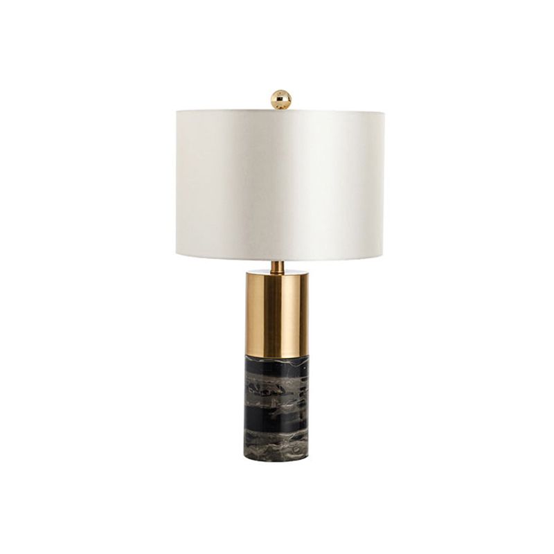 Cylindrical Table Light Nordic Style Marble 1 Bulb Black Nightstand Lighting with Fabric Shade