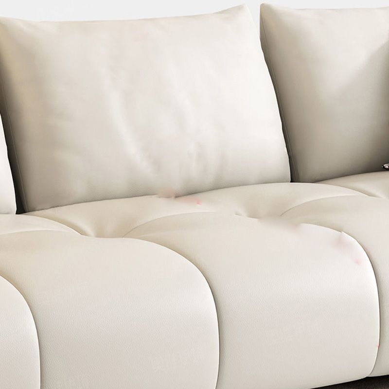 Modern Genuine Leather Square Arm Sofa White Sofa with Bolster Pillows