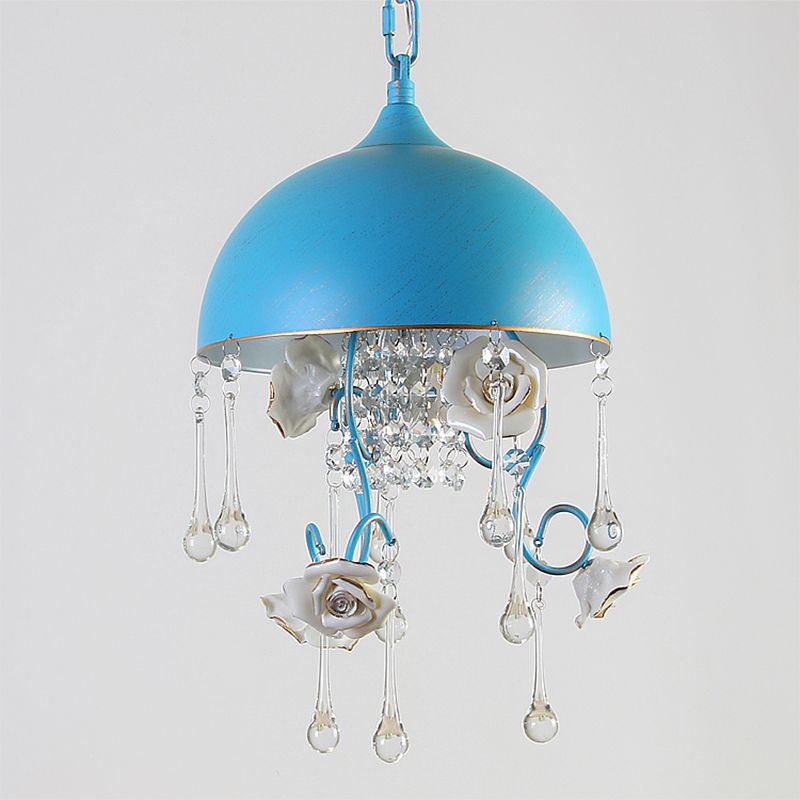 3 Bulbs Dome Chandelier Blue Iron Pendant Lighting with Rose Decor and Clear Crystal Drop