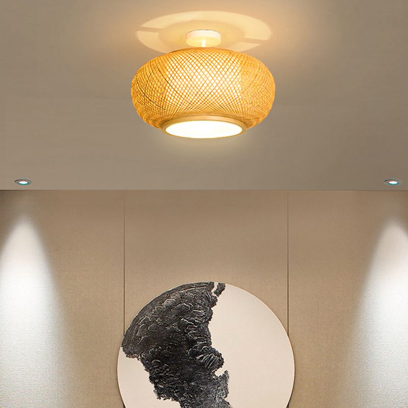 Luminaire rond en bambou pour montage au plafond, semi-encastré beige d'Asie
