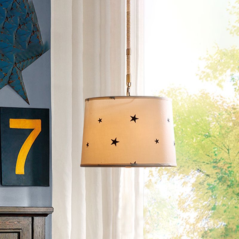 Drum Fabric Chandelier Light Fixture Kids 5 Bulbs Beige Suspension Lighting with Star Pattern for Bedroom