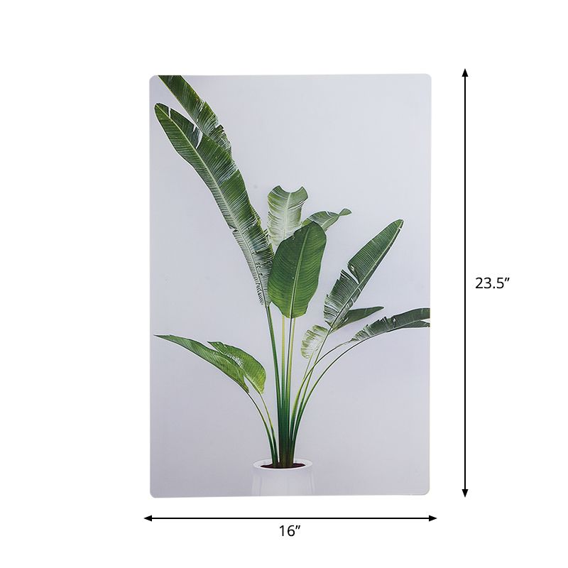 Green and White Rectangle Wall Mural Lamp Simplicity LED Acrylic Wall Lighting Idea with Leaf Pattern