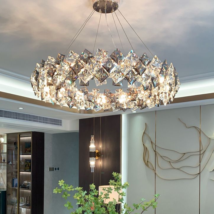 Plafond de forme ronde Light Light Clear Crystal Chandelier Éclairage pour le salon