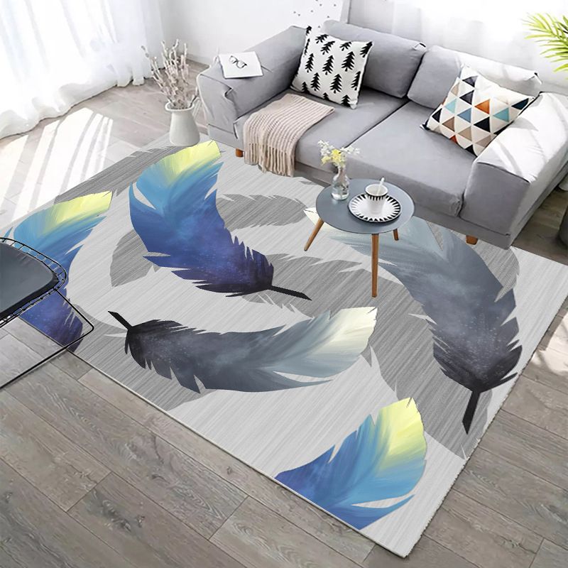 Decorative Rectangle Rug with Feather Pattern Stylish Contemporary Rug Polyester Washable Carpet for Home Decor