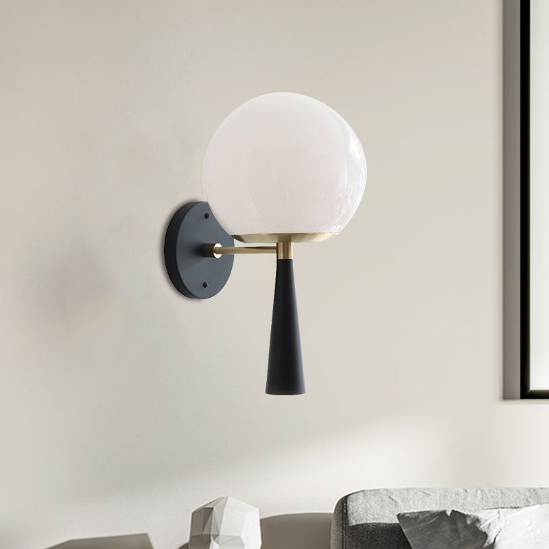 White Glass Globe Wall Light Fixture Post Modern 1-Bulb Black Wall Mount Lamp for Bedroom