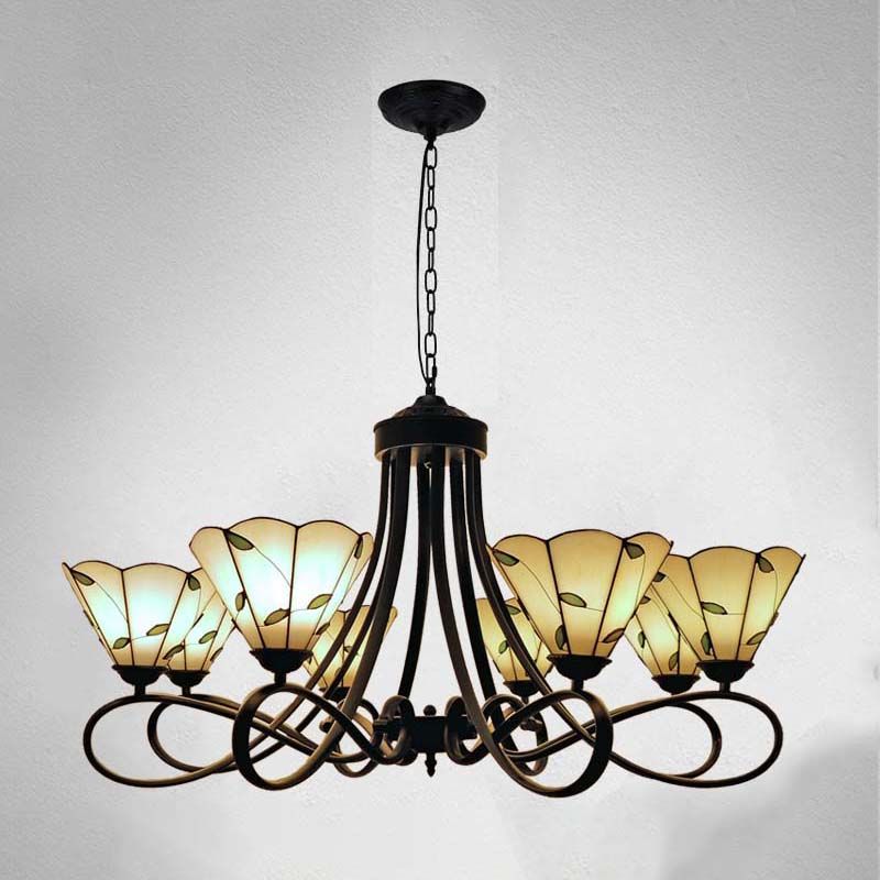 3/5 Lights Scalloped/Cone Hanging Chandelier Baroque White/Yellow/Beige Glass Suspension Lighting for Living Room with Curved Arm