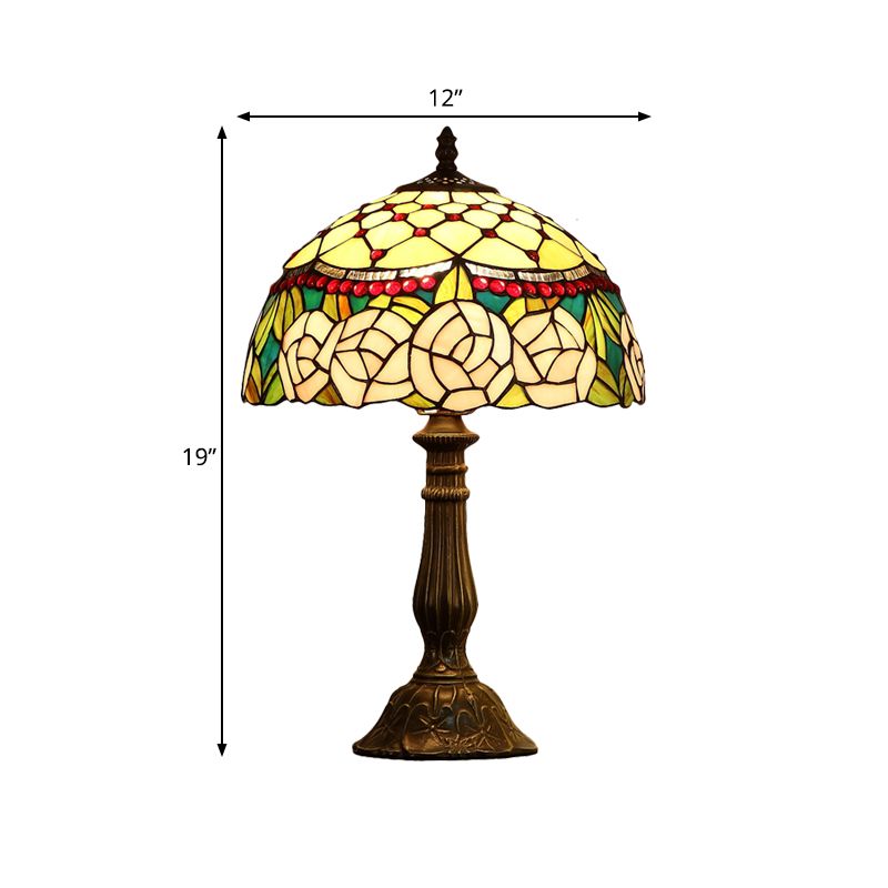 Single Living Room Nightstand Lamp Baroque Bronze Table Light with Beaded Roseborder Stained Glass Shade