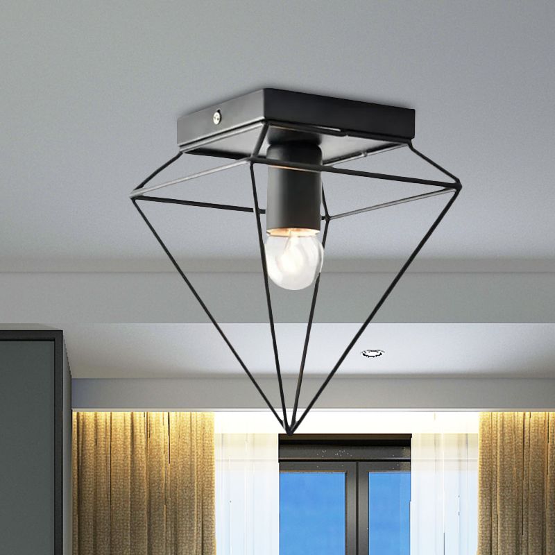 1 Light Cage Diamond Flush Mount Ceiling Light Loft Stylish Black/White Metallic Ceiling Lamp for Study Room