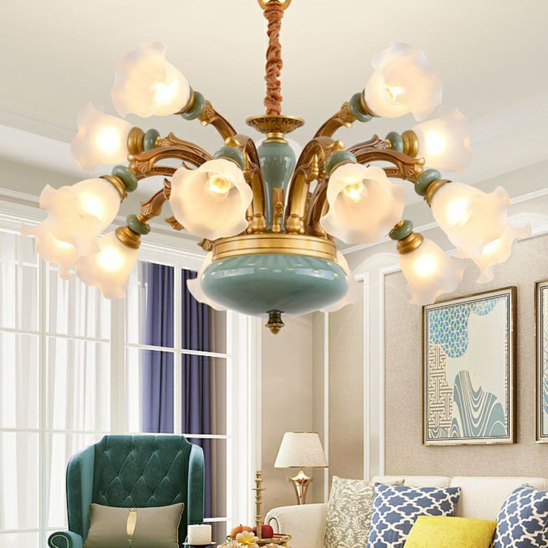 Flower Opal Frosted Glass Chandelier Vintage Living Room Hanging Light in Brown-Blue
