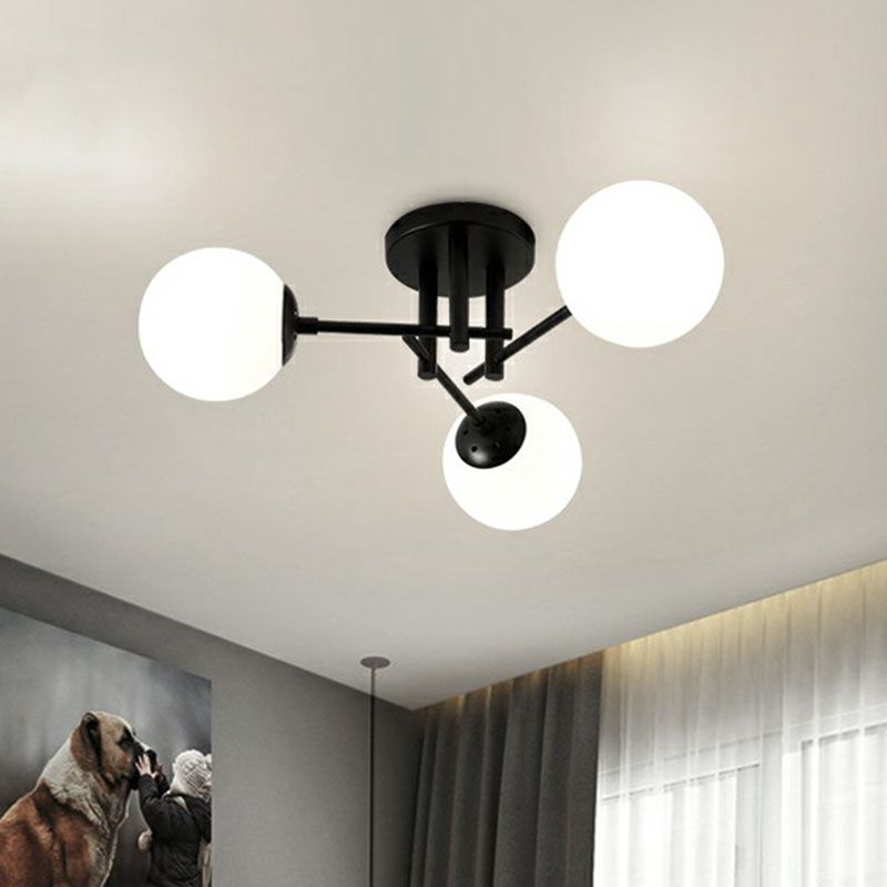 Modern Style Ball Ceiling Flush Light Opaline Glass Living Room Semi Flush Mount Light in Black