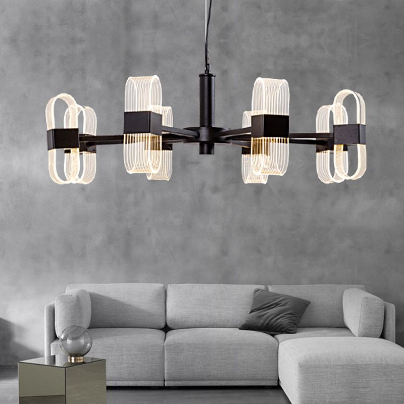 Modern Oval Chandelier Light Acrylic 6/8/12 Heads Living Room Hanging Lamp with Black Rod in Warm/White Light