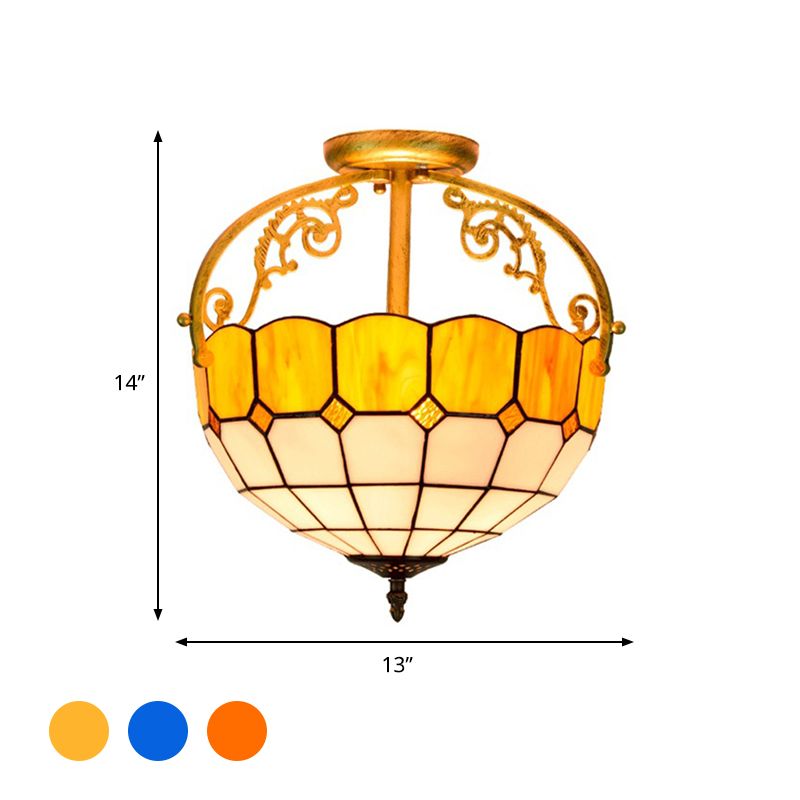 Grid Patterned Cut Glass Semi Flush Mount Baroque 2 Lights Yellow/Orange/Blue Ceiling Lighting for Dining Room