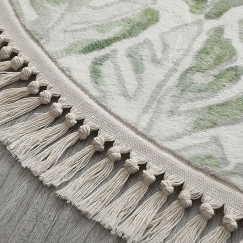 Round White Tone Modern Indoor Rug Polyester Floral Print Rug Non-Slip Backing Indoor Rug for Living Room