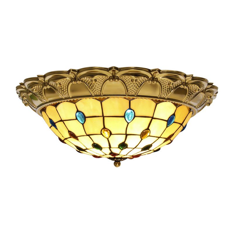Lattice Bowl Flushmount LED Stained Glass Tiffany Style Beaded Patterned Ceiling Fixture in Brass, 15"/16"/19.5" Wide
