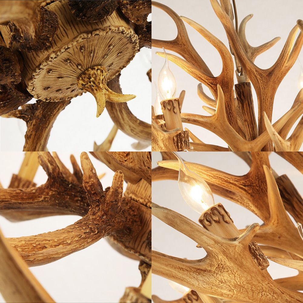 Village Candelabra Hanging Pendant 12 Lights Resin Ceiling Chandelier with Antler in Brown for Living Room