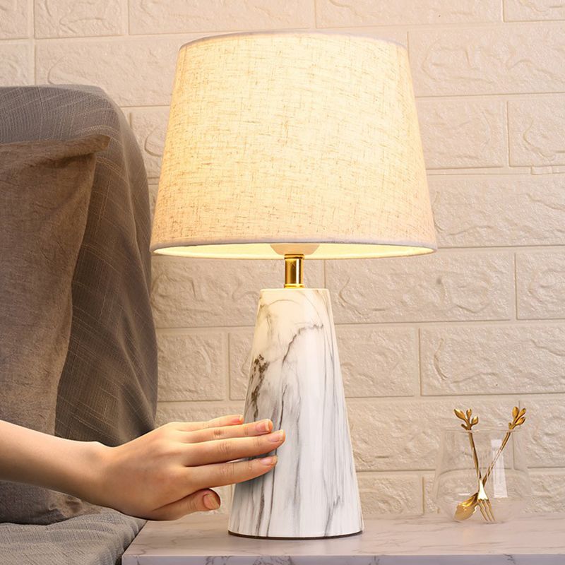 Fabric Tapered Night Stand Lamp Nordic 1 Bulb Table Light with Conic Marble Pedestal