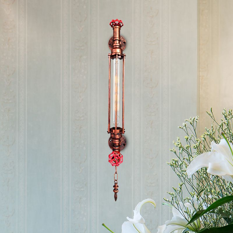 1-Head Tubular Sconce Rustic Black/Copper Metallic Wall Light Fixture with 2-Valve Deco and Chain