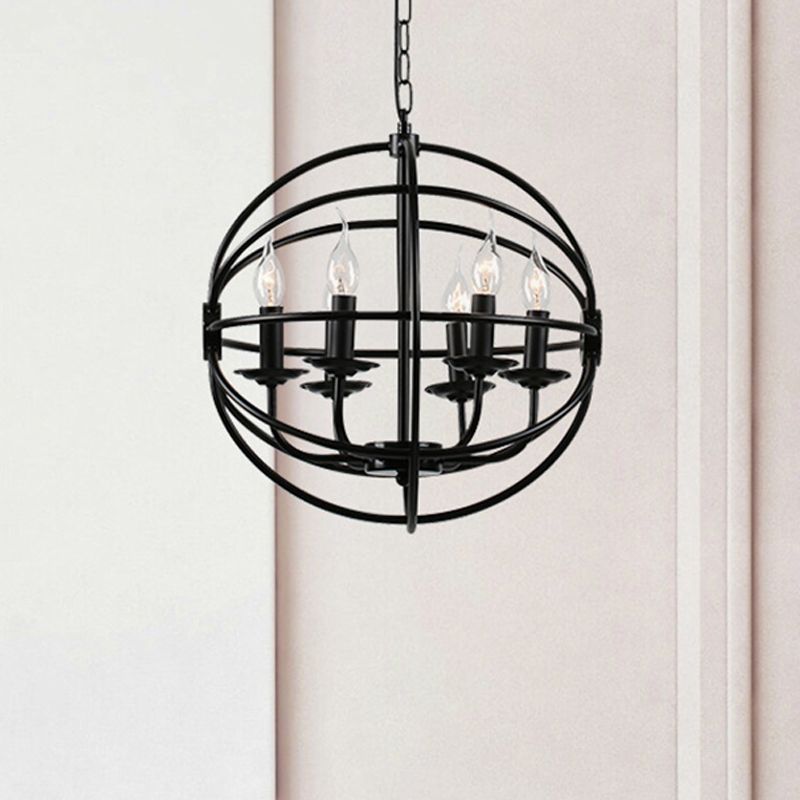 6 Lights Candle Chandelier Classic Black Metal Pendant Light Fixture for Dining Room with Globe Shaped