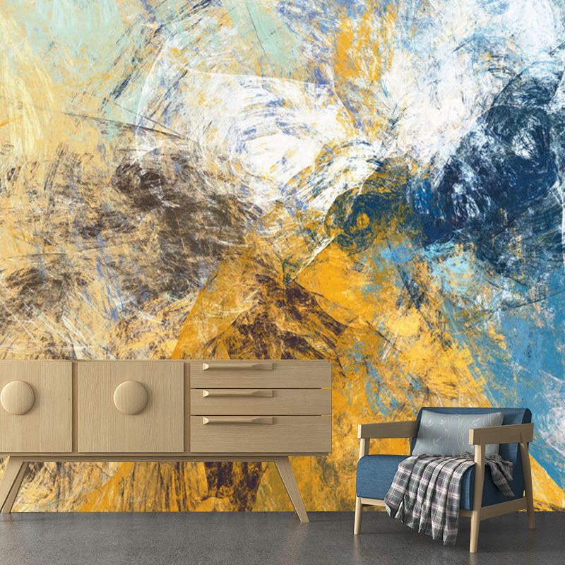 Decalcomania murale ad acquerello per la decorazione della galleria, blu e giallo, su misura
