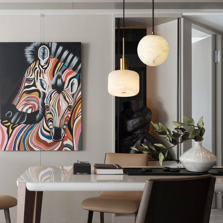 Shaded Bedroom Suspension Pendant Light Stone Modern Style Hanging Light Fixture in White