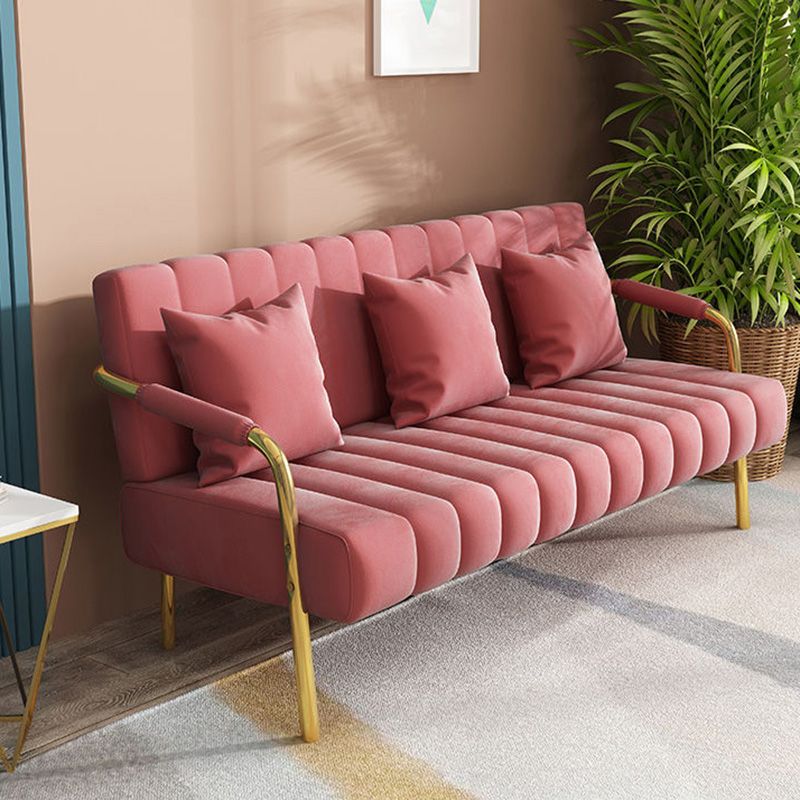 Recessed Arm Sofa Stain Velvet/Faux Leather Sofa with Pillows