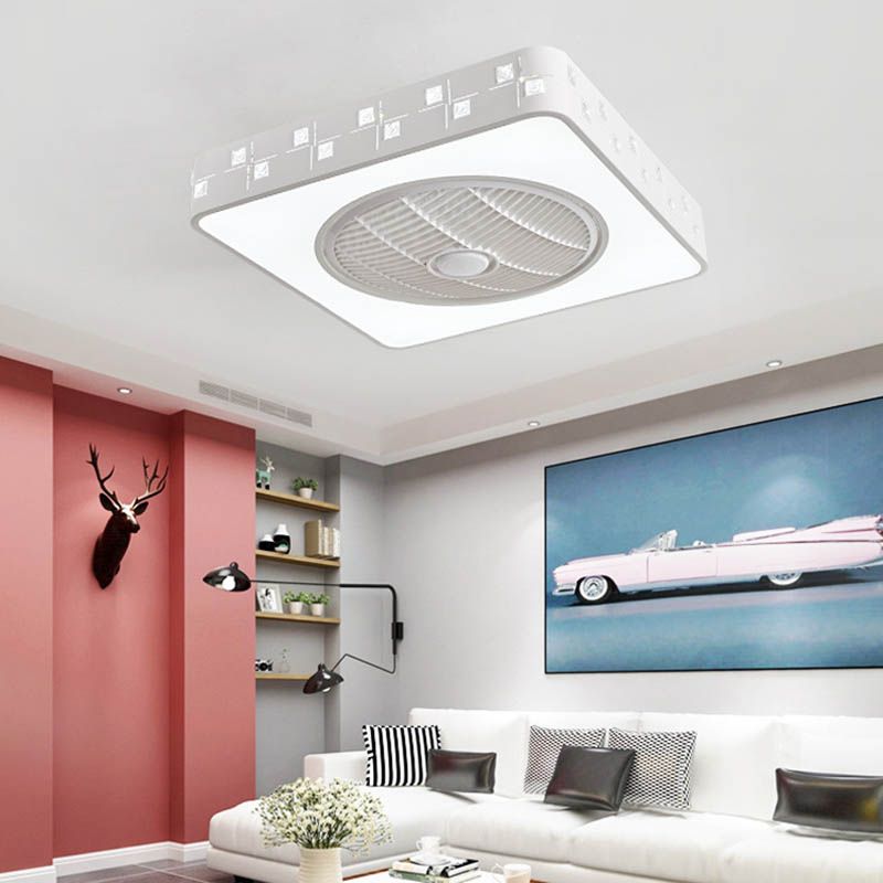 LED -Trommel/Box -Lüfter leichte minimalistische geschnitzte Kristall unsichtbare Klingen Deckenlampe in Weiß