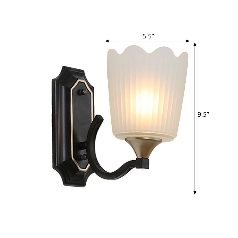 1/2-Light Scalloped Cup Wall Light Sconce Vintage Black Finish Frosted Glass Wall Mount Lamp