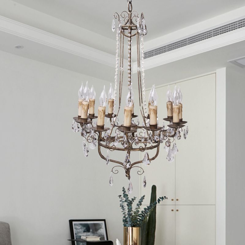 Crystal Candle Ceiling Chandelier Traditional 12 Lights Living Room Pendant Lighting in Bronze