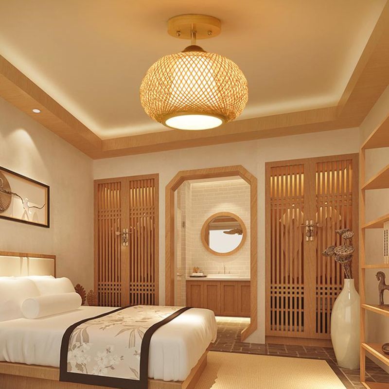 Lámpara de techo de madera de estilo asiático, luz de montaje empotrado de bambú tejida a mano, para salón de té