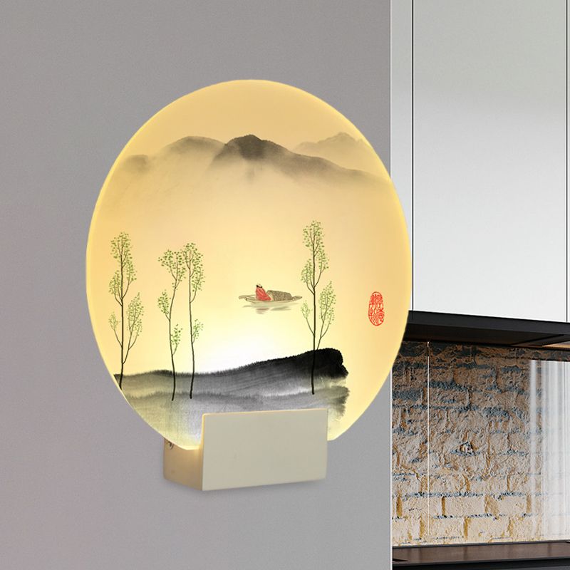 Circular Acrylic Mountain and Boat Mural Lamp Oriental Style LED White Wall Lighting Idea