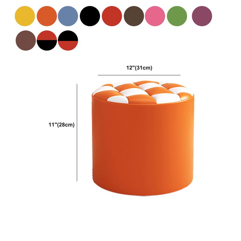 Mid-Century Modern Pouf Ottoman Faux Leather Tufted Square Pattern Round Ottoman