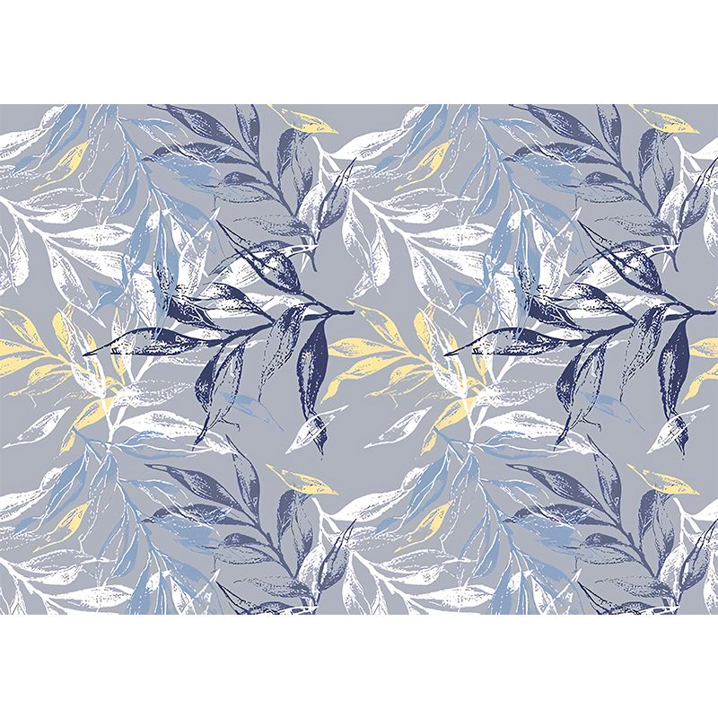 Big Illustration Classic Mural Wallpaper for Bedroom with Leaf and Branch in Grey and Blue