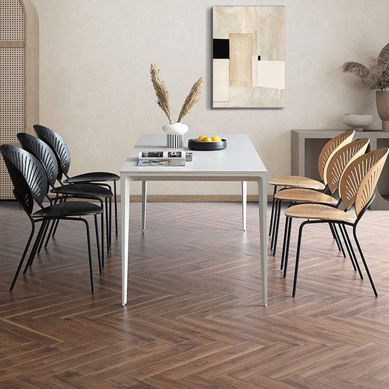 Table à manger rectangulaire contemporaine en métal blanc table de pierre fritrée avec des jambes métalliques