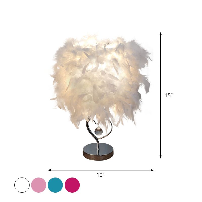 Lampada da tavolo nordica a forma di cuore amoroso con piume, 1 lampadina, lampada da tavolo decorata in cristallo in rosso/blu/bianco