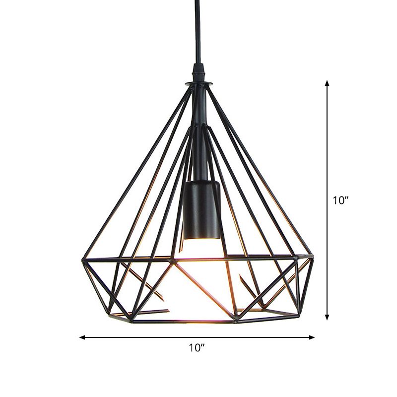 Black Diamond Shaped Pendant Light Kit Industrial Iron Single-Bulb Dining Room Suspension Lamp