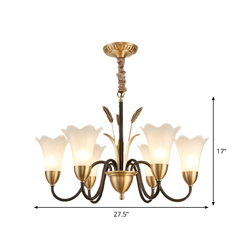 Country Style Mini Flower Pendulum Light 6/8 Bulbs Frosted Glass Hanging Chandelier with Scroll Arm in Black and Gold
