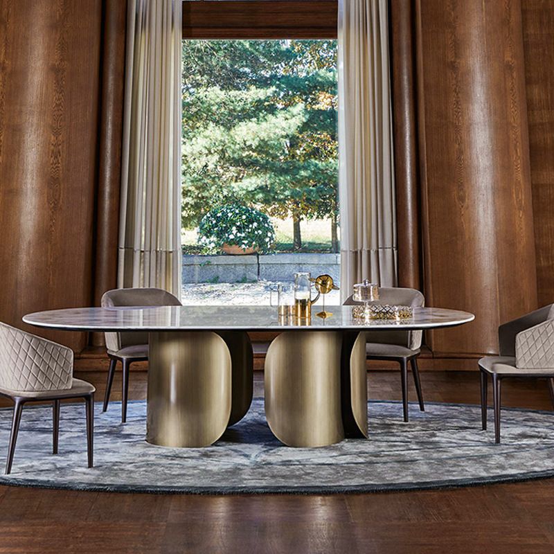 Sintered Stone Glam Table for Restaurant Oval Dining Table with Double Pedestal